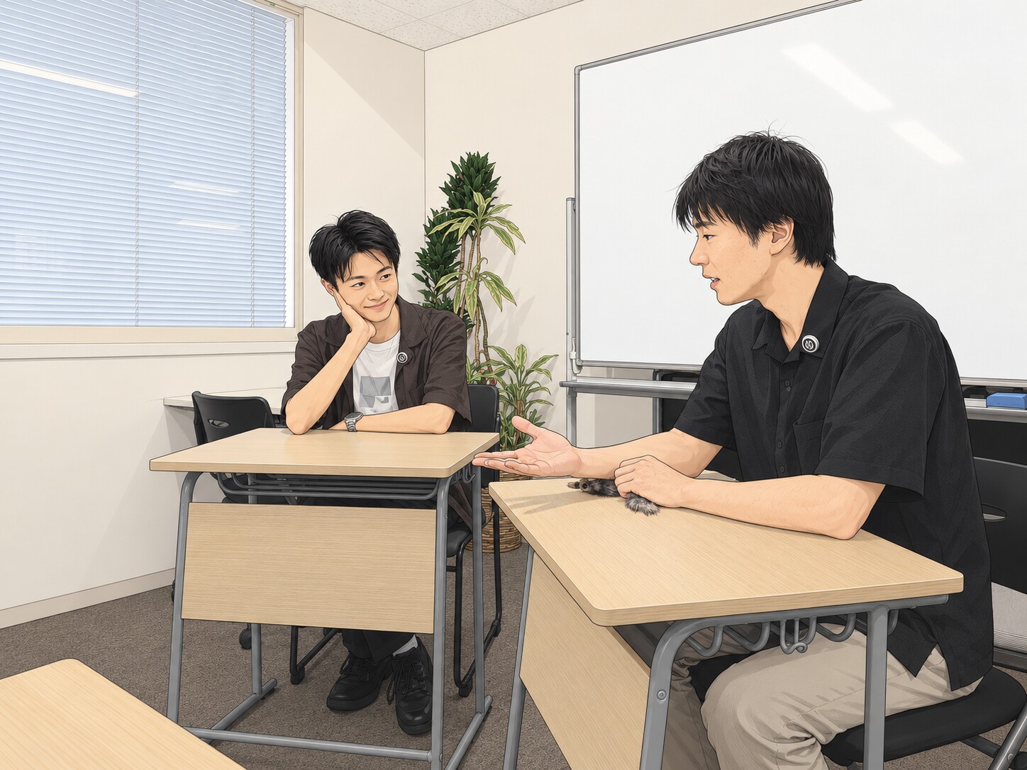 机を挟んで向かい合う眞くんと大槻先生