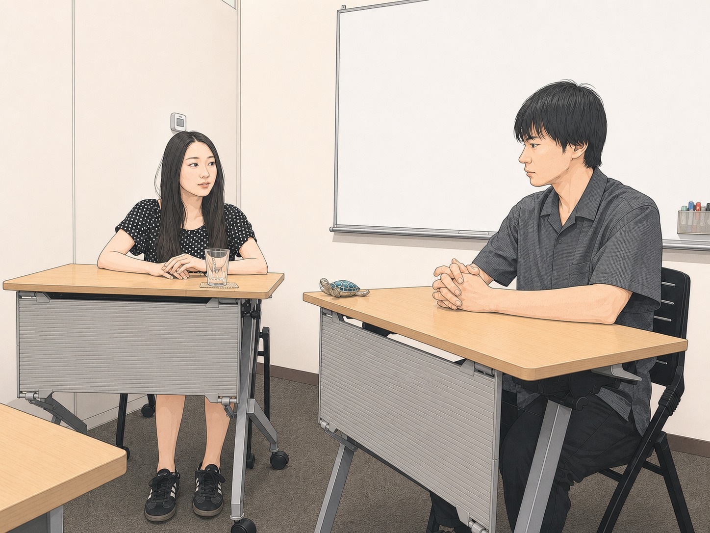 机を挟んで向かい合う英美理さんと大槻先生