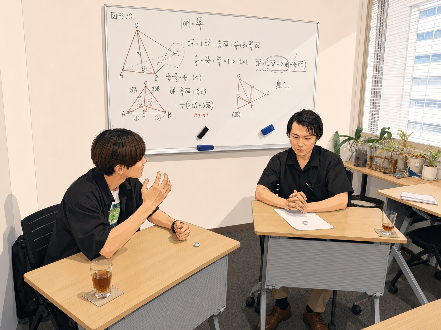 板書を背に向かい合う優紀くんと大槻先生